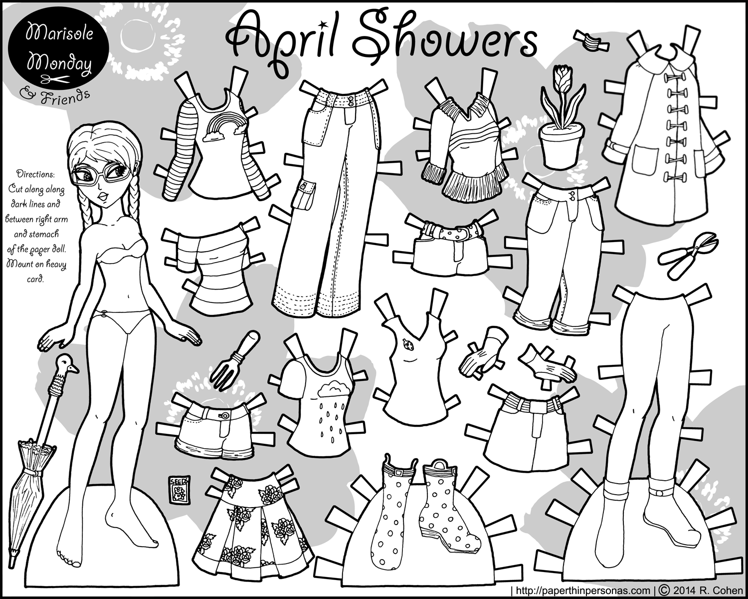 April Showers Printable Paper Doll in Black and White Paper Thin