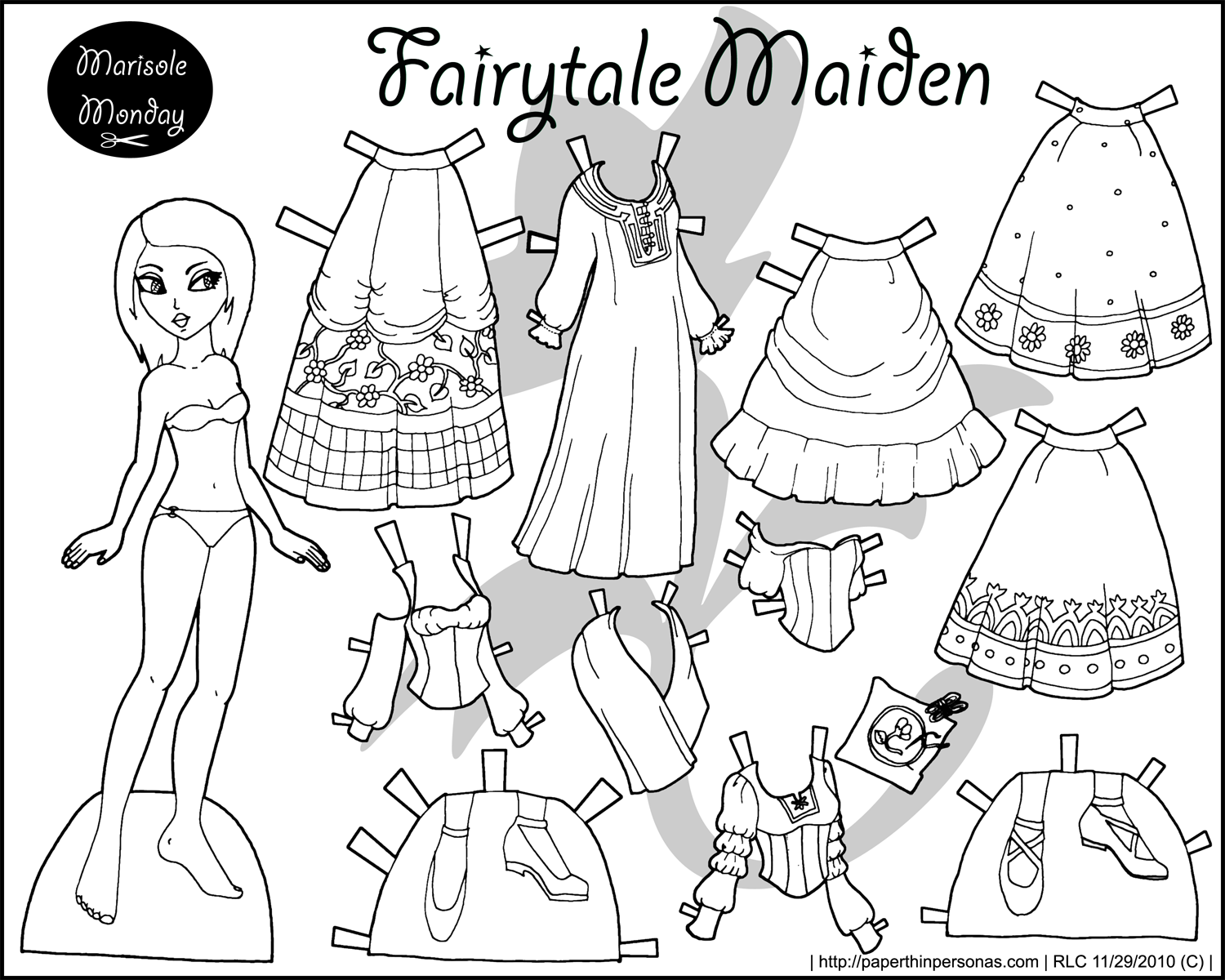 A Fairy Tale maiden black and white princess coloring page to print and dress up