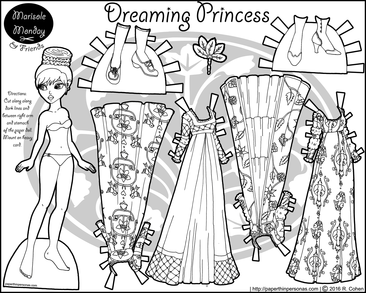 A paper doll princess coloring page featuring four elegant dresses and two pairs of shoes