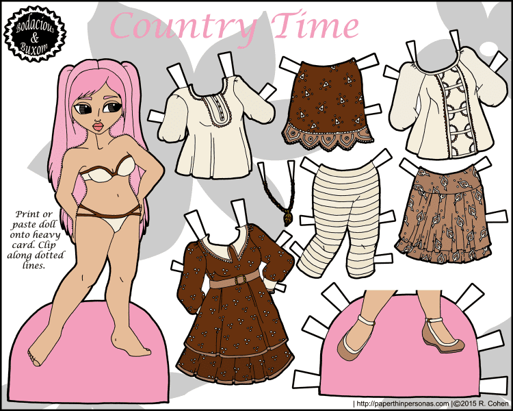 Country Time: A pink haired printable plu-sized paper doll with a seven piece mix and match wardrobe. Free from paperthinpersonas.com