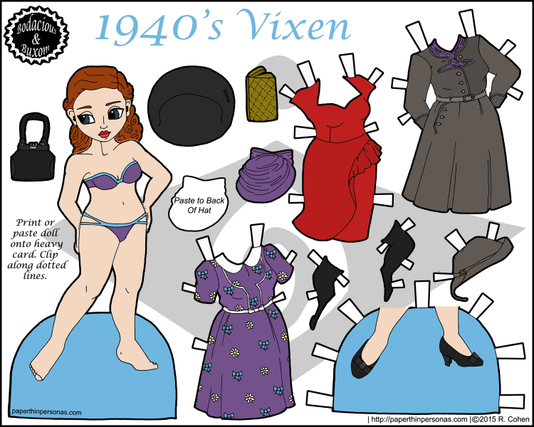 A red-headed printable paper doll with 1940's fashions including three diereses, three hats, purses and shoes. Free to print in color from paperthinpersonas.com.