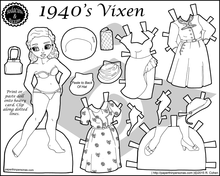 A printable paper doll with 1940's fashions including three diereses, three hats, purses and shoes. Free to print and color from paperthinpersonas.com.