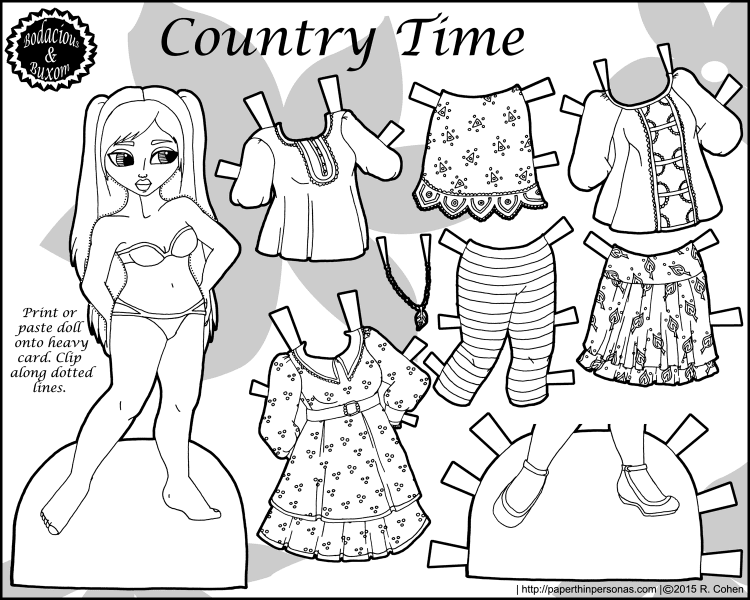 Country Time: A black and white printable plu-sized paper doll with a seven piece mix and match wardrobe. Free from paperthinpersonas.com