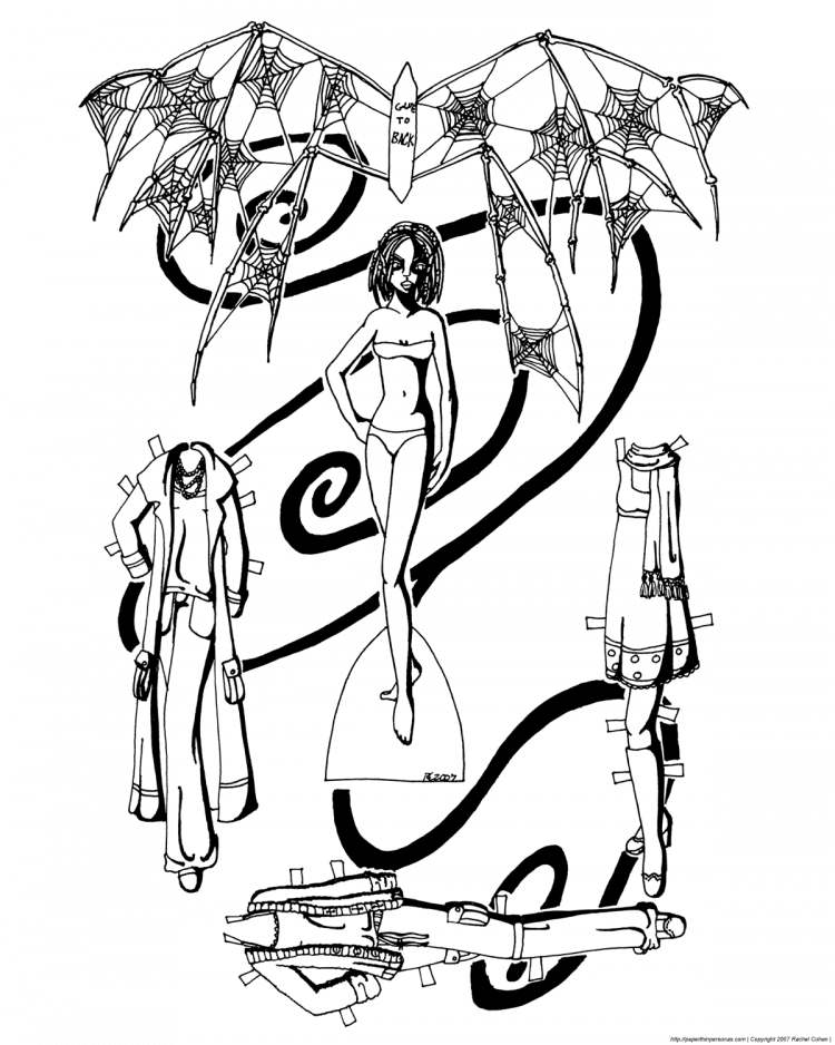 A fairy paper doll with bone and spiderweb wings and three outfits. From paperthinpersonas.com.