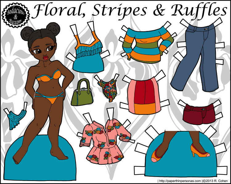 A stylish black paper doll with a ten piece mix and match fashion wardrobe. Free from paperthinpersonas.com