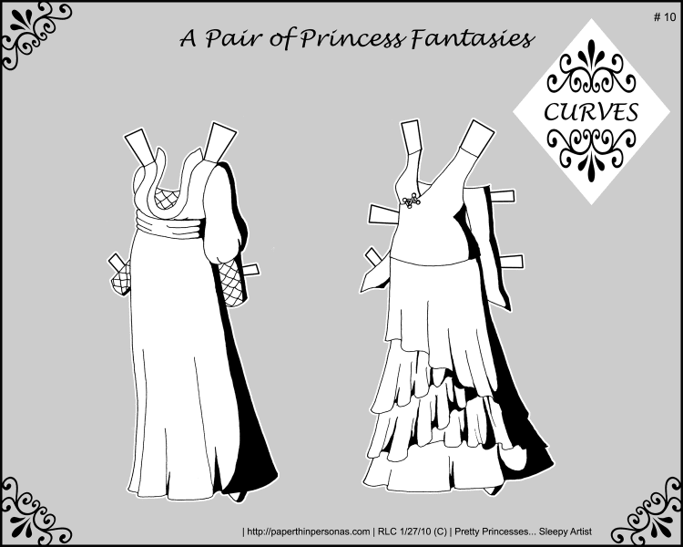 A set of fantasy gowns for my curvy paper doll series. Black and white for coloring.