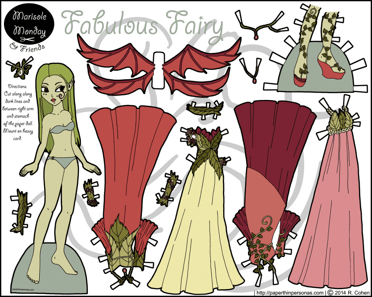 A fairy paper doll with wings and four gowns. Free to print from paperthinpersonas.com