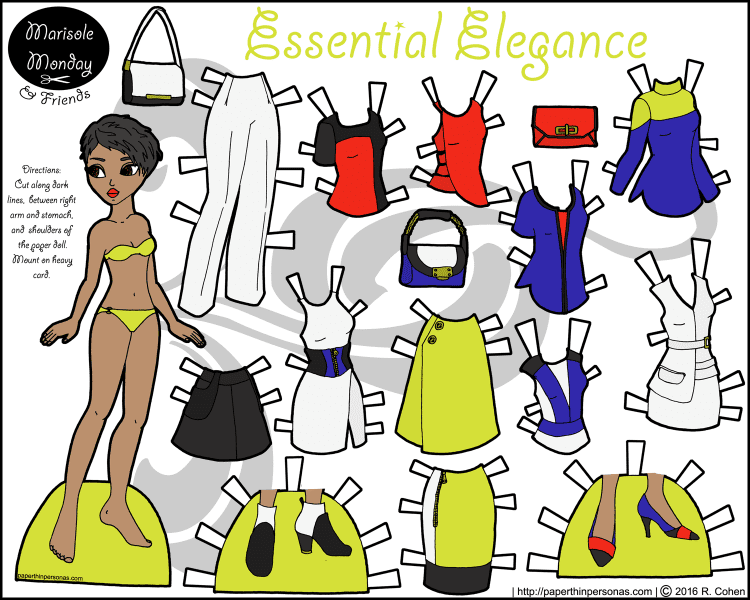 Essential Elegance is a beautiful black paper doll with short hair and a 16 piece wardrobe including accessories. Free to Print from paperthinpersonas.com 