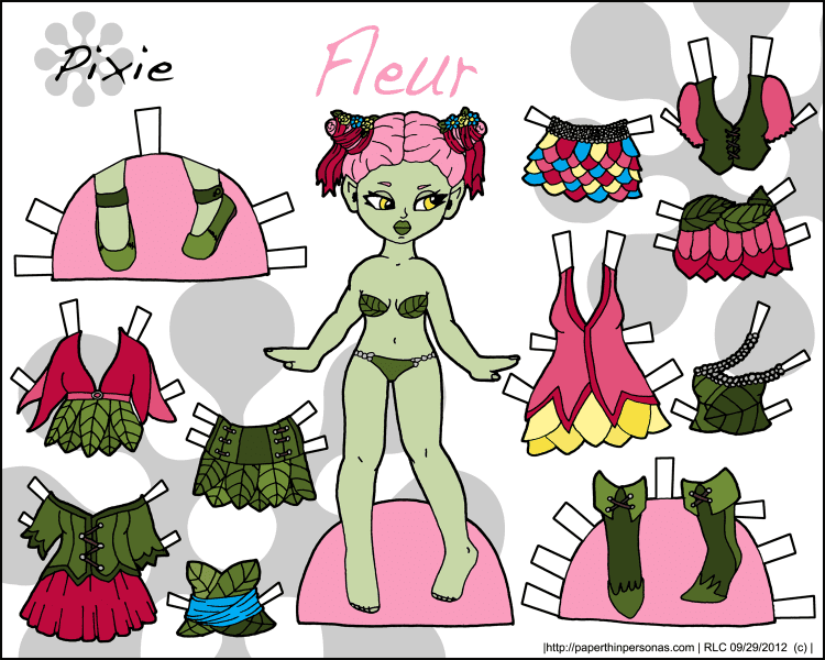 A flower fairy paper doll with a ten piece wardrobe. From paperthinpersonas.com.