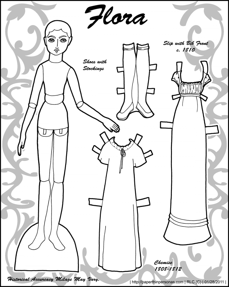Flora is a paper doll based on wooden dolls of the Regency era. She has underwear in this plate. She's free to print and color. 