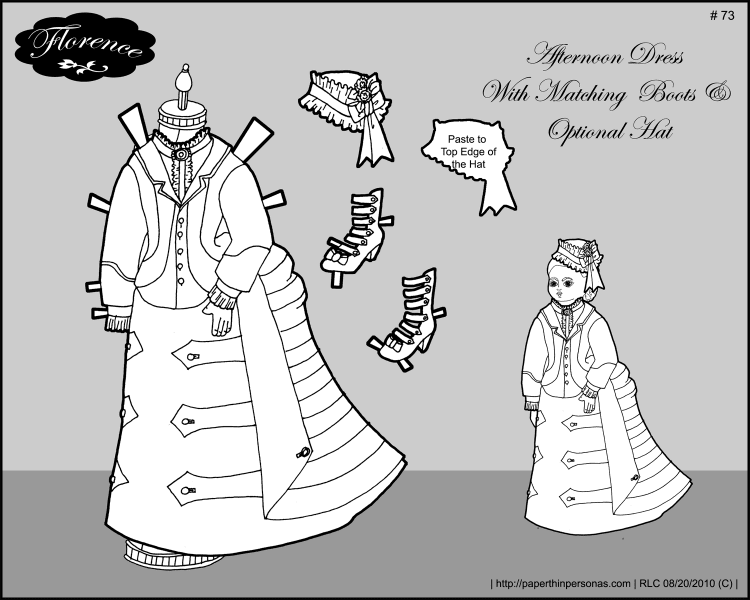An afternoon dress for Florence, a printable paper doll of a French fashion doll from the 1870s.