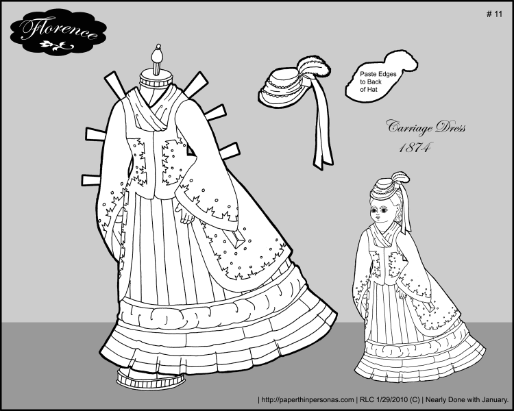 A carriage dress for Florence, my 1870s paper doll. Free to print and color from Paperthinpersonas.com