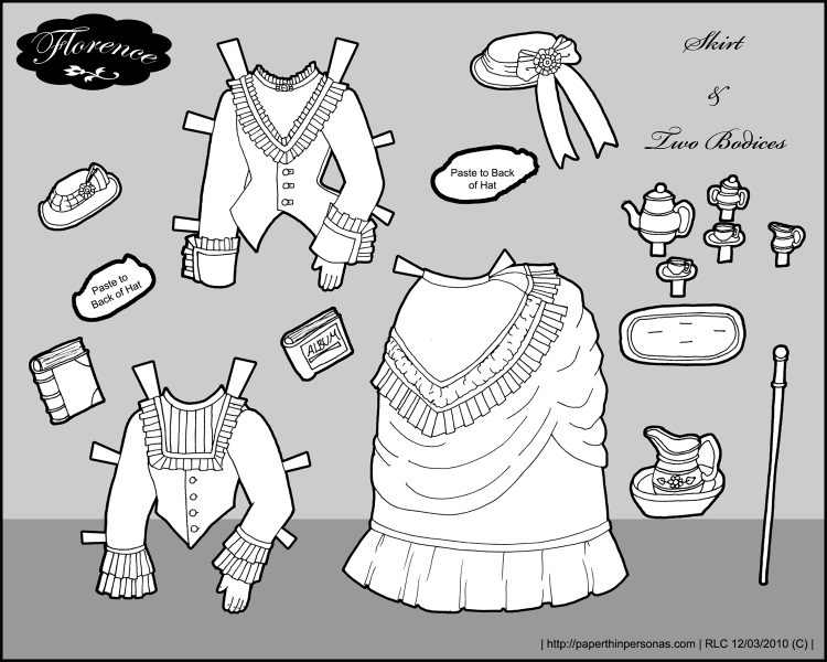 A set of skirts and bodices for the 1870s paper doll Florence.