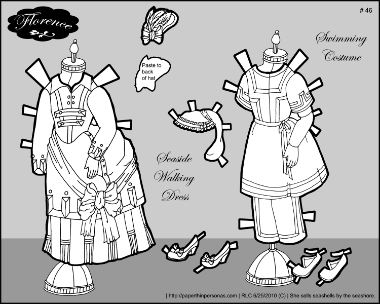 A seaside walking dress and a swimming costume for Florence, a Victorian paper doll.