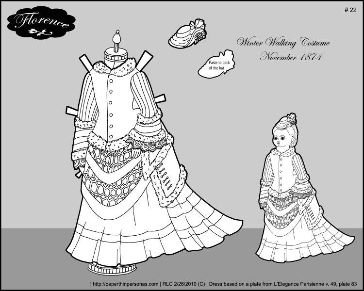A winter walking costume from 1874 for Florence, my Victorian paper doll. The dress features a train and fur trim. She also has a matching hat.