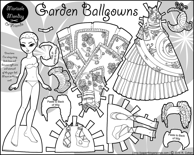 A paper doll coloring page and her two fantasy ballgowns, three wigs and two pairs of shoes. Inspired by Wa and Qi Lolita dresses.