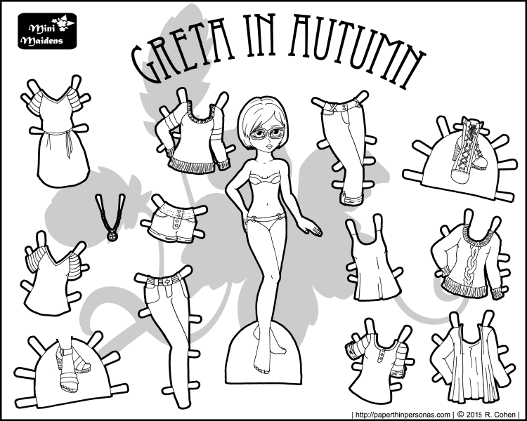 Great in Autumn is a printable paper doll in black and white with a thirteen piece mix and match wardrobe. Free to print and color from paperthinpersonas.com