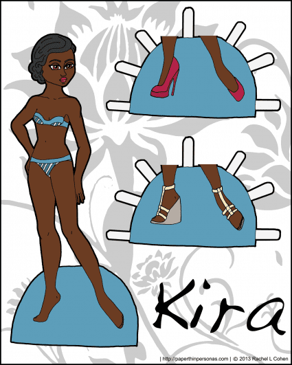 An african-american paper doll in color with two pairs of shoes. She can wear any clothing from the Ms. Mannequin paper doll series. Free to print from paperthinpersonas.com.