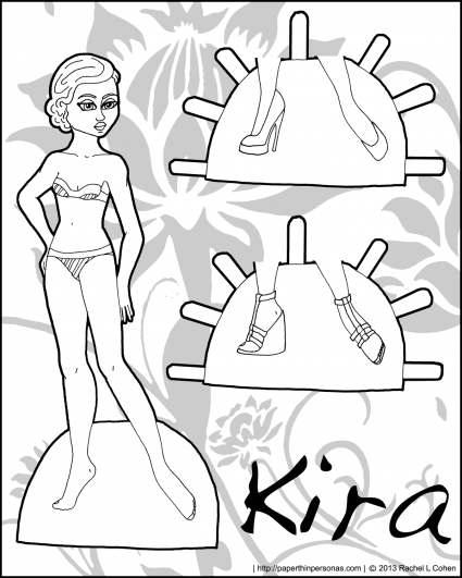 An african-american paper doll coloring page with two pairs of shoes. She can wear any clothing from the Ms. Mannequin paper doll series. Free to print from paperthinpersonas.com.
