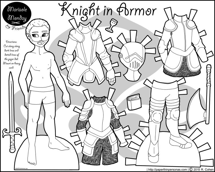 A knight paper doll for boys or girls with four pieces of armor, weapons and a helmet. He's free to print and color from paperthinpersonas.com