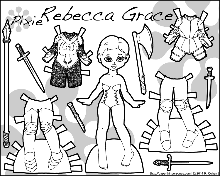 A printable knight paper doll named Rebecca Grace for coloring. She's got four pieces of armor and plenty of weapons. Free from paperthinpersonas.com