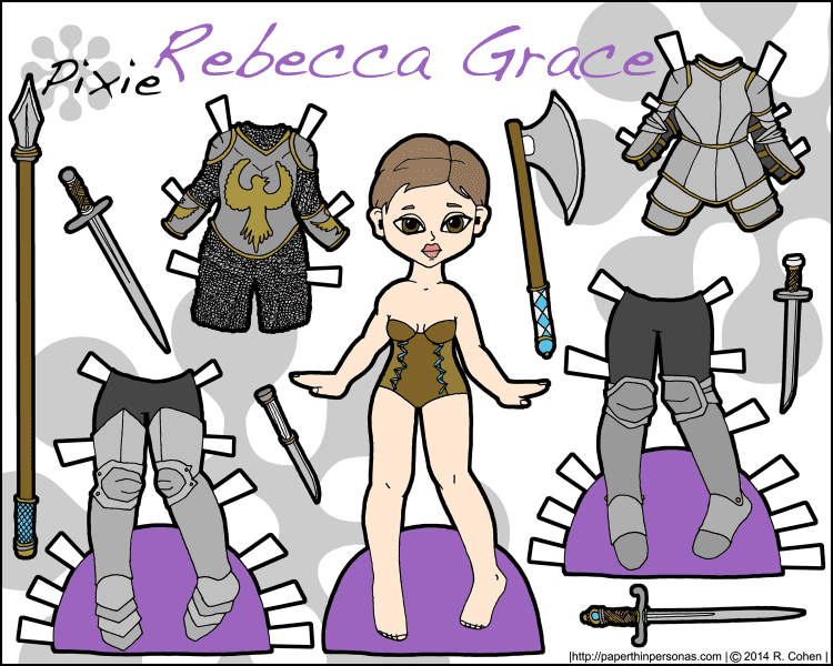 A printable knight paper doll named Rebecca Grace in color. She's got four pieces of armor and plenty of weapons. Free to print from paperthinpersonas.com