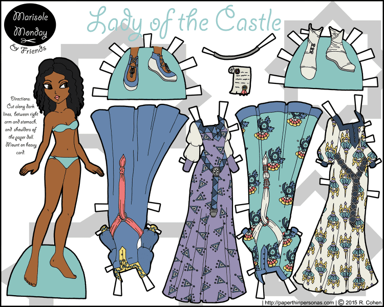 A fantasy paper doll with brown skin and four gowns. She also has two pairs of shoes. Free to print from paperthinpersonas.com