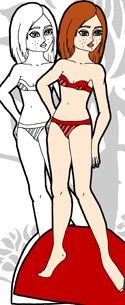 A freckled paper doll who is part of the Ms. Mannequin series of paper dolls. She is available both in color and in black white.