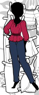 A set of paper doll clothes for the Ms. Mannequin series of paper dolls featuring a maxi dress, jeans, skirts, a sweater and dress. Free to print from Paper Thin Personas. 