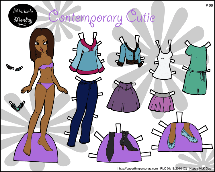 A cute paper doll with contemporary fashions. She's free to print from Paperthinpersonas.com