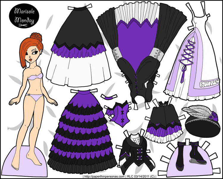A fantasy printable paper doll set with a redheaded paper doll and several pieces of black and purple mix and match clothing options. Free to print from paperthinpersonas.com