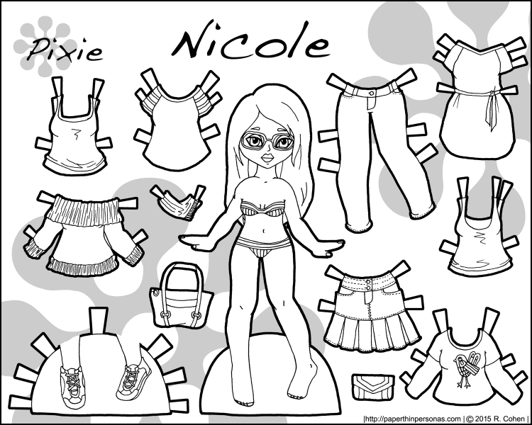 A fashion paper doll named Nicole with nine different clothing pieces. She's got long hair and glasses, along with sneakers and jeans. Free coloring page to print from paperthinpersonas.com