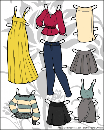 A set of paper doll clothes for the Ms. Mannequin series of paper dolls featuring a maxi dress, jeans, skirts, a sweater and dress. Free to print from Paper Thin Personas. 