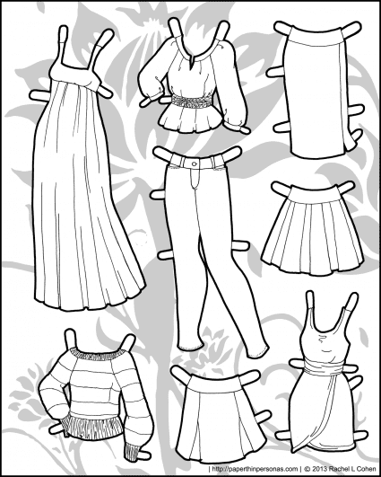 A coloring page of black and white paper doll clothes including a maxi dress, blouse, jeans, sweaters, and a pencil skirt. Free to print and color from Paperthinpersonas.com