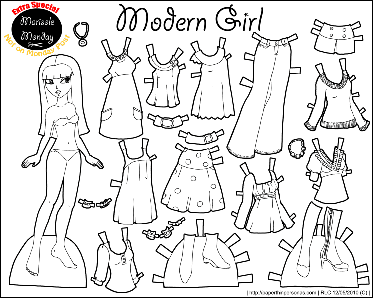 A black and white line drawing of a Marisole Monday paper doll with 1960s mod-style clothing, printable for coloring. Available as a PDF or PNG file.