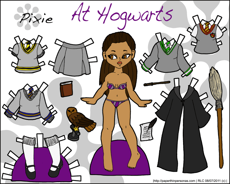 A Harry Potter inspired paper doll of a young Hogwarts Students with uniforms and accesories. Free from PaperThinPersonas.com