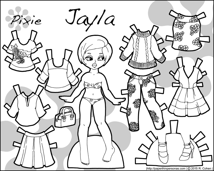 A printable paper doll featuring a young black woman and her fashionable floral wardrobe. Ten pieces to mix and match. Free to print and color from paperthinpersonas.com