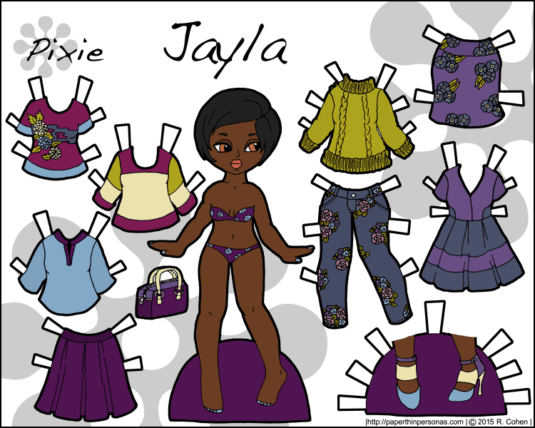 A printable paper doll featuring a young black woman and her fashionable floral wardrobe in greens and purples. Ten pieces to mix and match. Free to print from paperthinpersonas.com