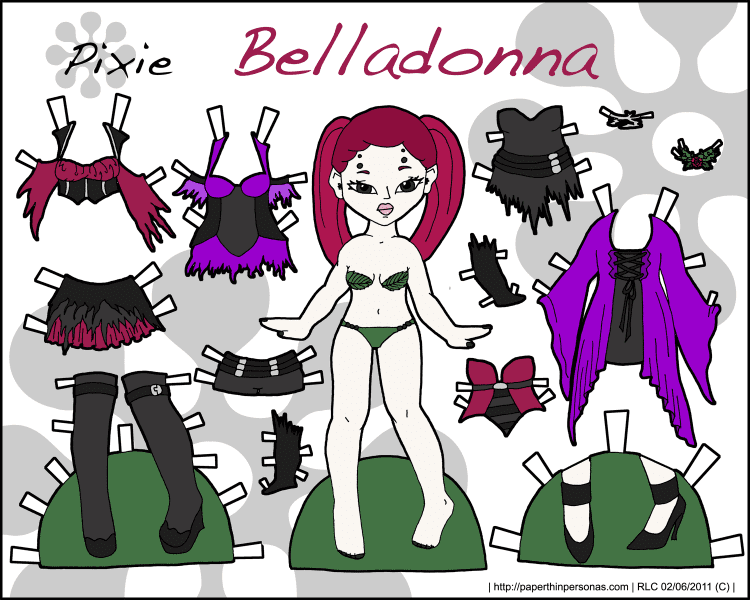 A gothic fairy paper doll with a 12 piece wardrobe from paperthinpersonas.com.