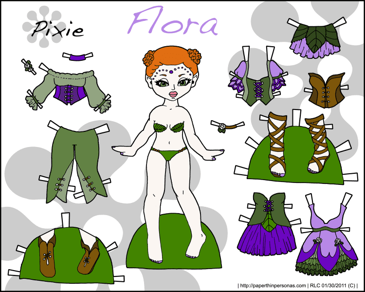 A flower fairy paper doll named Flora with a mix and match wardrobe. From paperthinpersonas.com