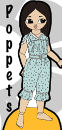 Poppet logo. 1890s historical paper doll children's clothes. 