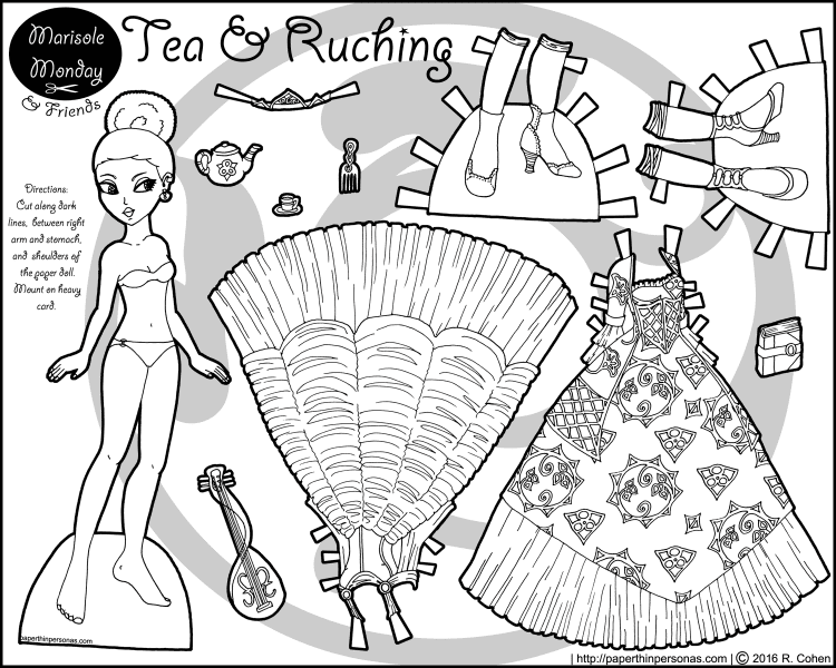 A black princess paper doll to print and color with two ball gowns, a hair pick, tea set and other accessories. Free to print and color from PaperThinPersonas.com