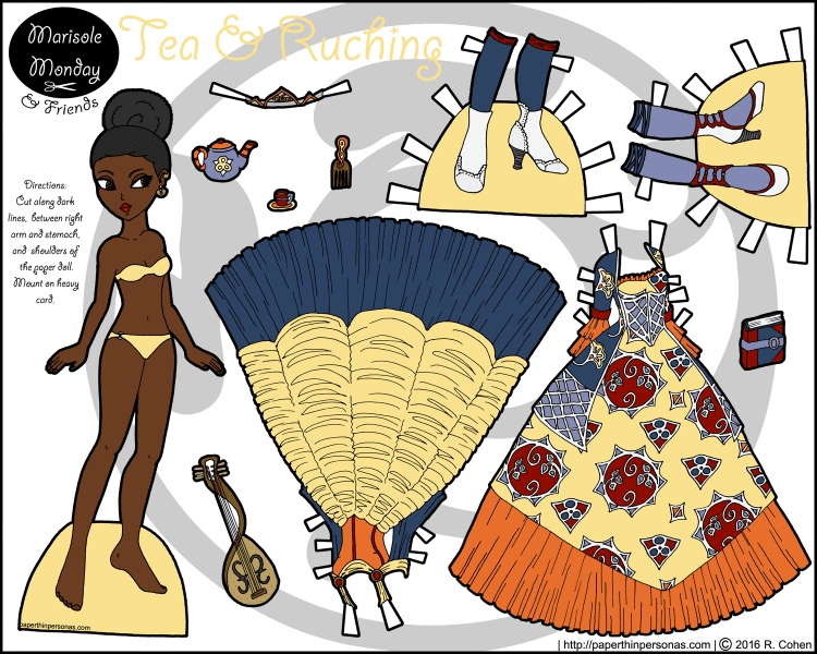 An elegant princess paper doll inspired by African wax print fabrics. She's got two fantasy gowns and lots of fun accessories. Free to print from paperthinpersonas.com.