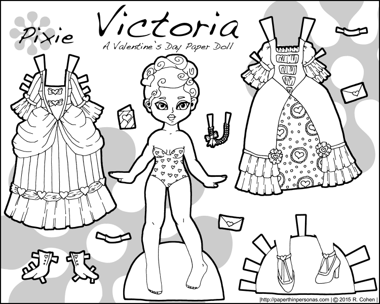 A black and white Valentine's Day paper doll named Victoria and inspired by Victorian valentines. Free to print and color from paperthinpersonas.com.
