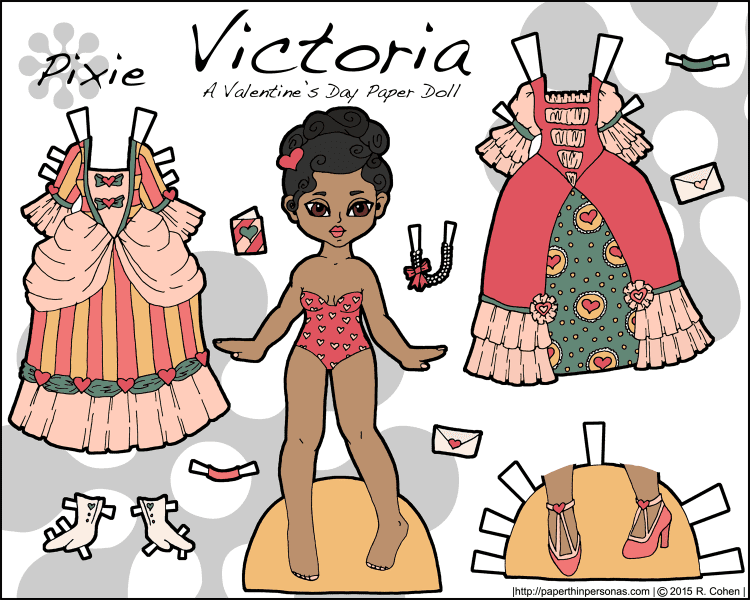 A Valentine's Day paper doll named Victoria and inspired by Victorian valentines. Print her from paperthinpersonas.com.