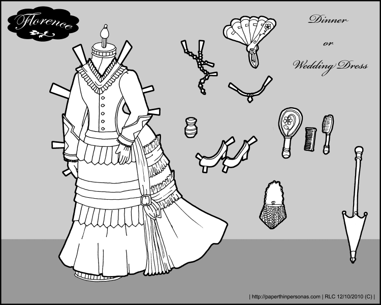 A wedding dress for Florence, a paper doll based on a French fashion doll of the 1870s.
