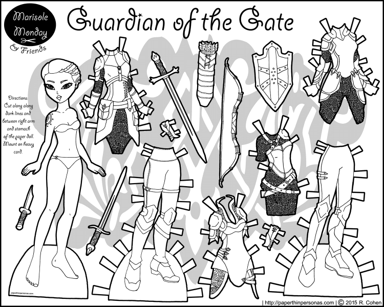A fantasy lady knight paper doll coloring sheet with six pieces of armor, weapons and a shield. Free to print and color from paperthinpersonas.com
