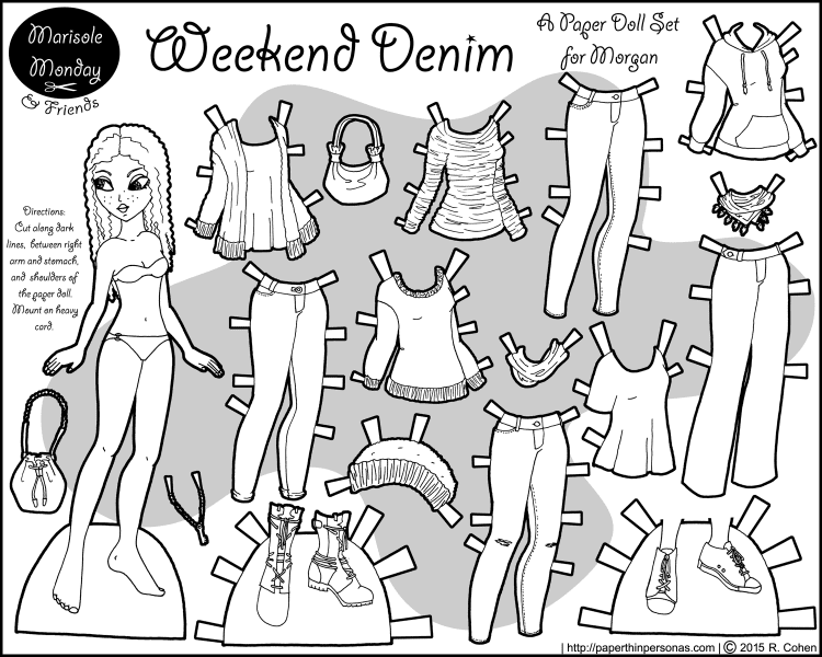 A black and white paper doll print out with curly hair and a sixteen piece wardrobe. Free to print from paperthinpersonas.com.