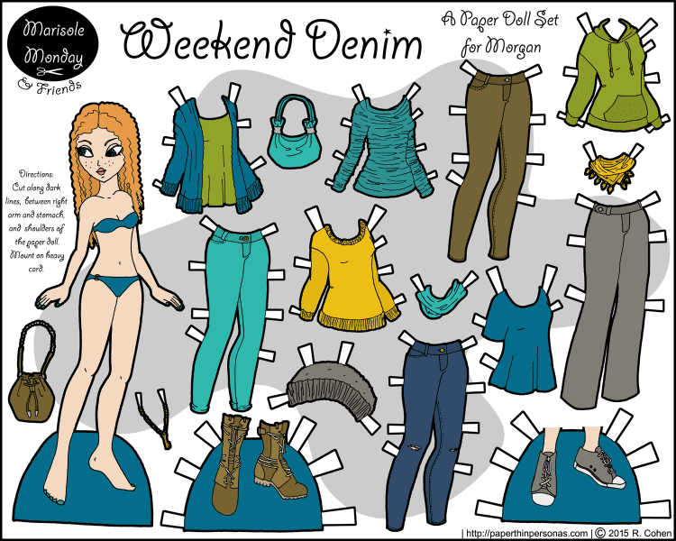 A paper doll print out with curly red hair and a sixteen piece casual wardrobe. Free to print from paperthinpersonas.com.