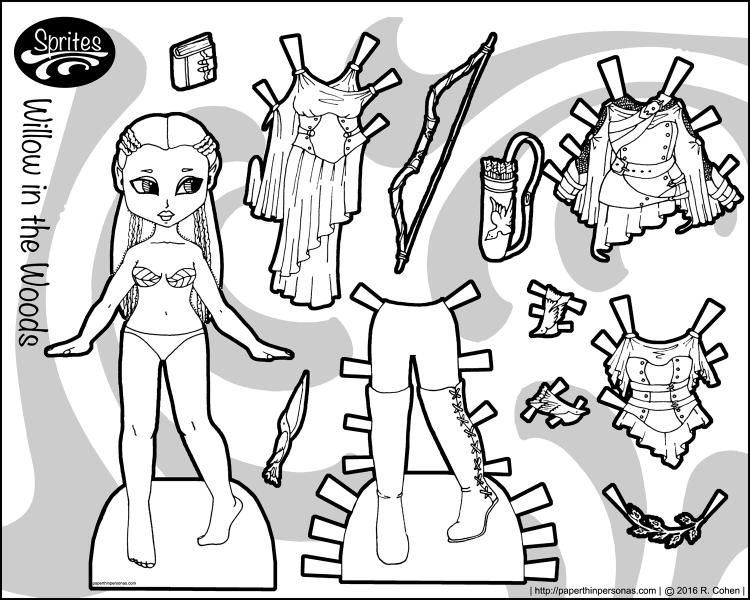 Willow In the Woods: An elven paper doll with a six piece wardrobe. Free to print and color from paperthinpersonas.com